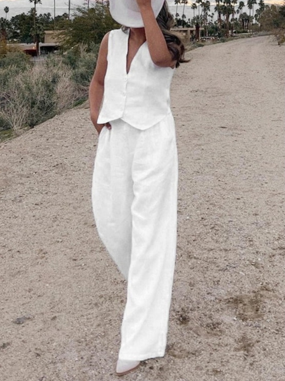 H by Halston NEW Linen Button Front Vest White Womens L Euro Summer Lagenlook